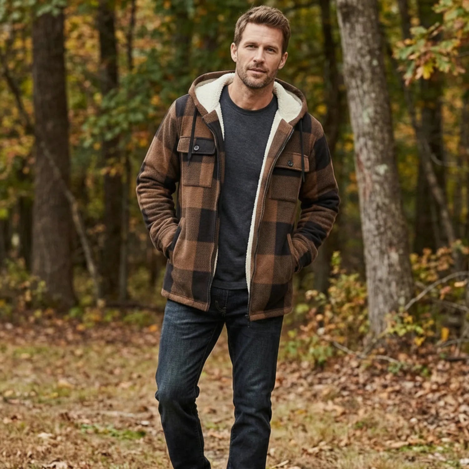 Heavyweight Fleece Lined Plaid Hooded Jacket