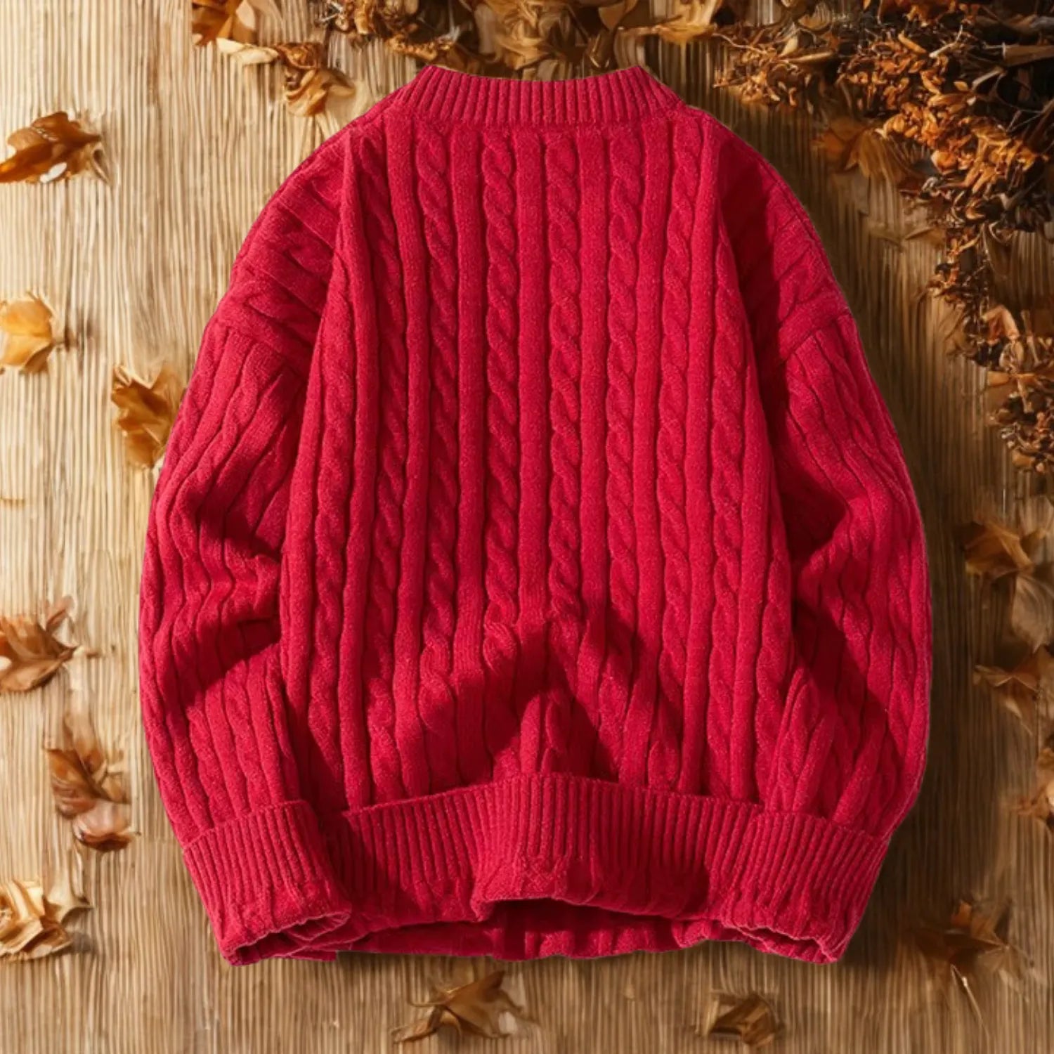 Man wearing the Basic Clothes Co. Men's Classic Knit Pullover outdoors in an autumn setting, highlighting its warmth and style for cold weather.