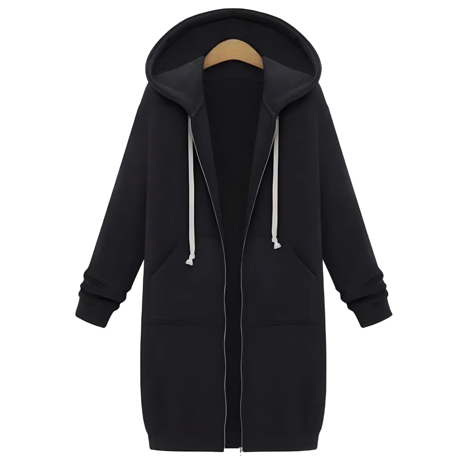Front view of the Black Women's Mid-Length Fleece Hoodie from Basic Clothes Co.
