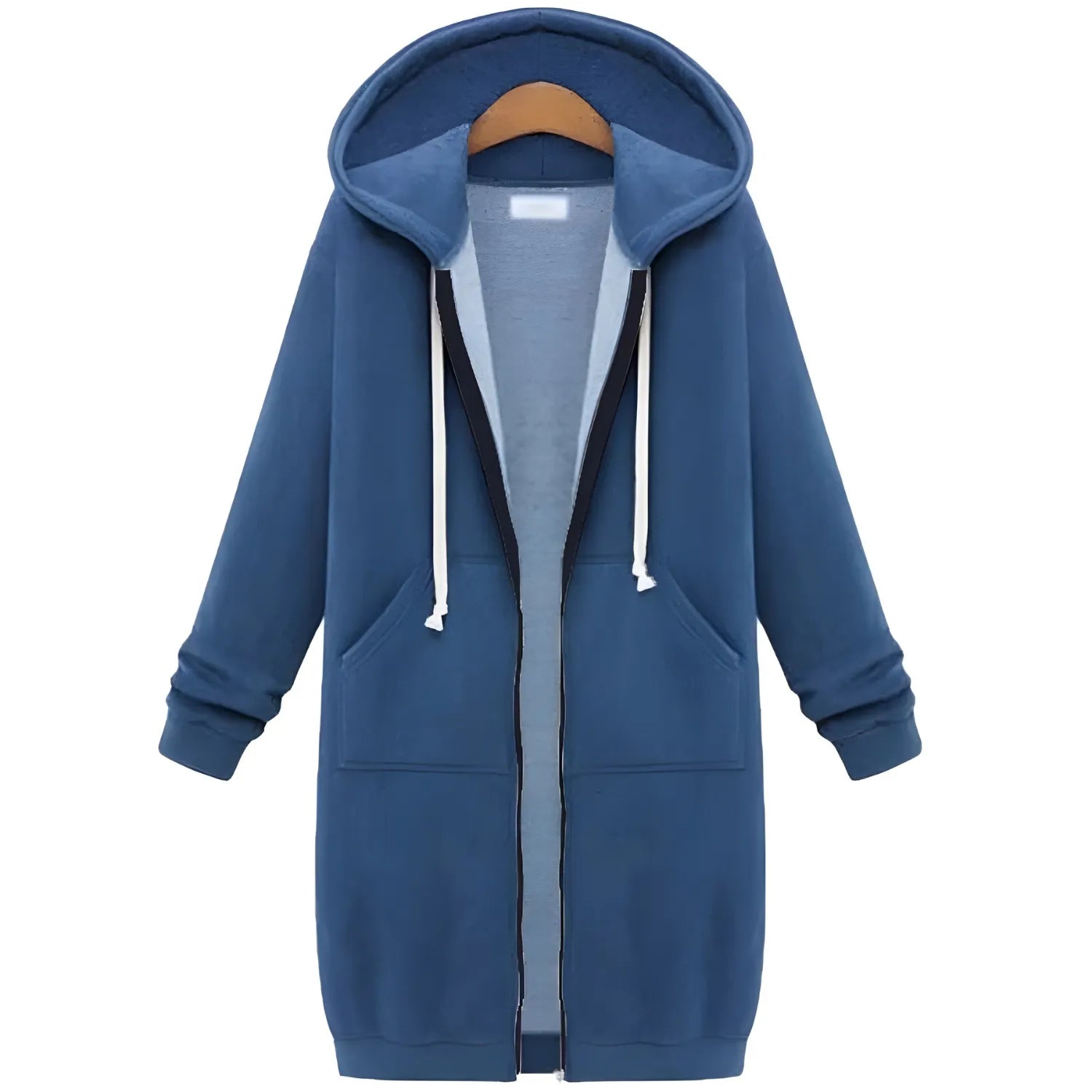 Front view of the Blue Women's Mid-Length Fleece Hoodie from Basic Clothes Co.