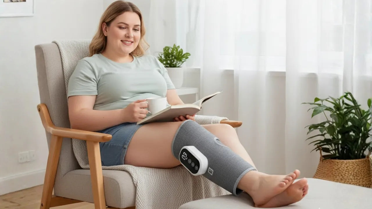 A person sitting comfortably on a minimalist couch, wearing the premium cordless air compression calf massager with heat, reading a book. The background is clean and modern.