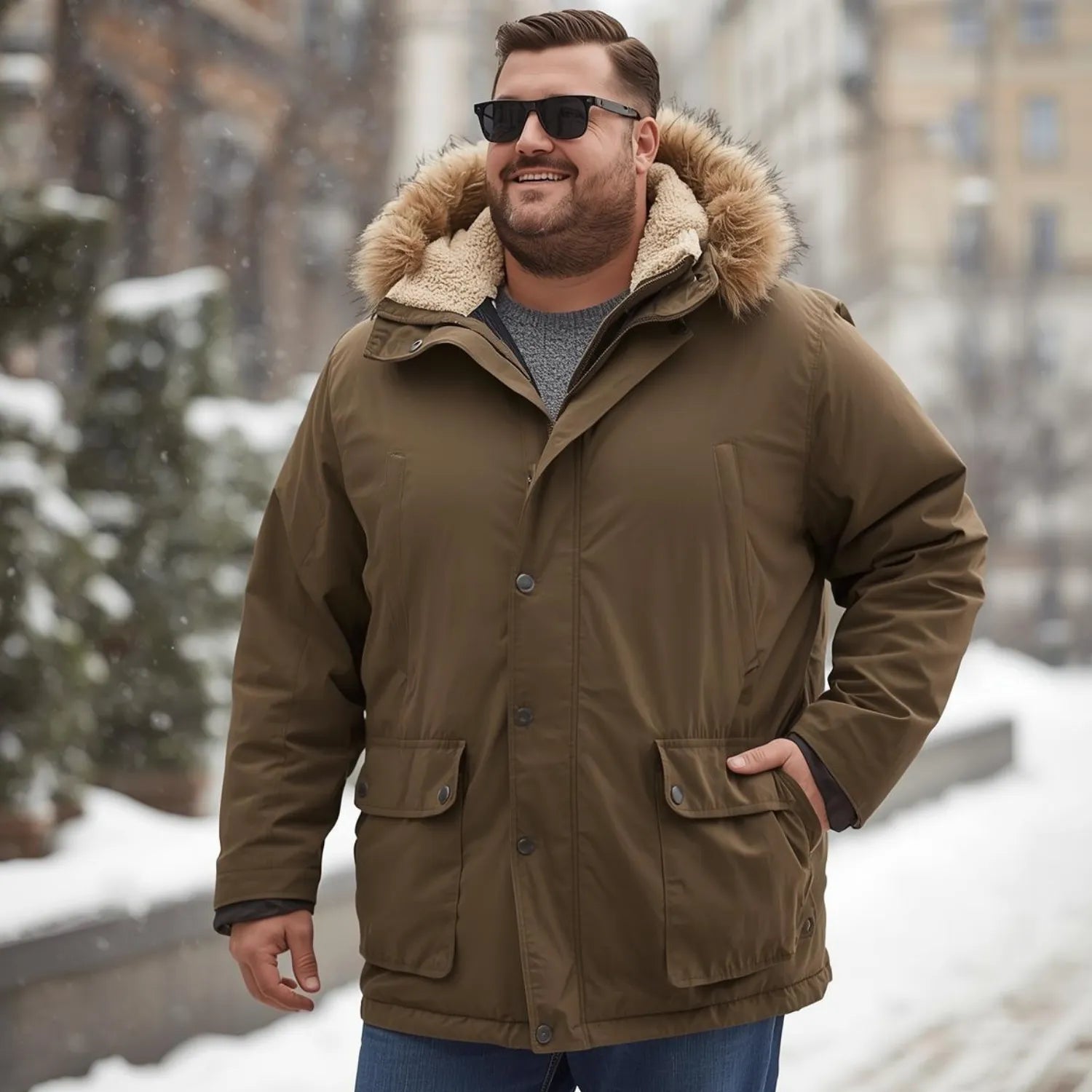 Heavy-duty winter parka for plus size men (6XL-11XL), featuring fleece lining and a structured fit that avoids the tent effect.