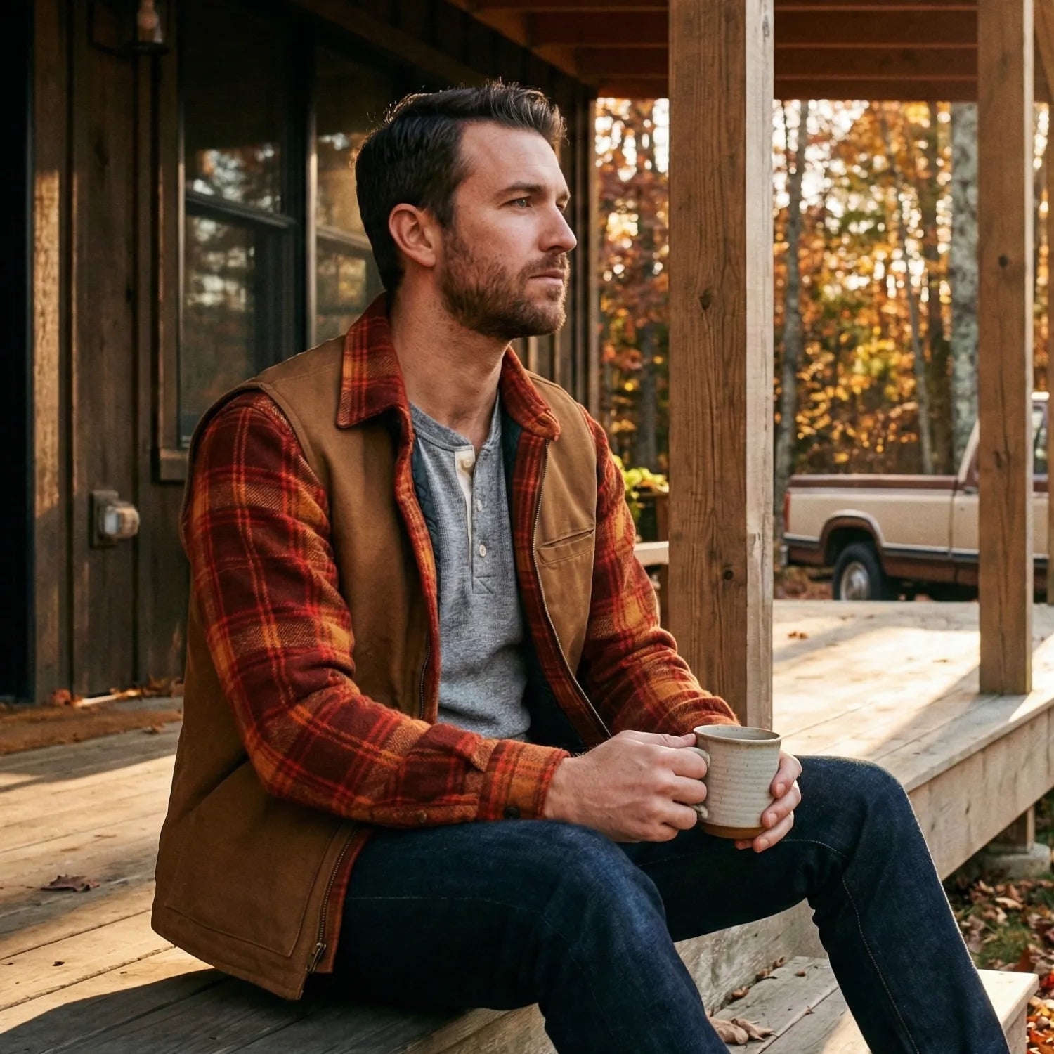 Man sitting on a cabin porch wearing a plaid flannel shirt layered over a hoodie, with autumn leaves in the background.