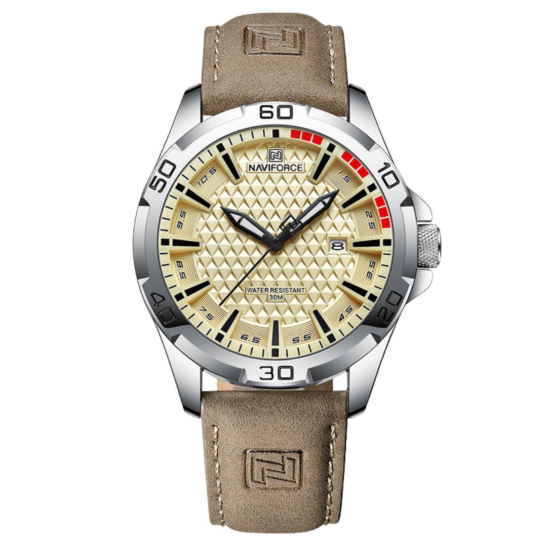 Relógio de quartzo esportivo masculino com data e pulseira de couro NF8023 | Basic Clothes Co