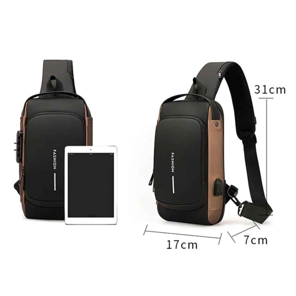 Detailed size chart and dimensions for the Basic Clothes Co. Smart Anti-Theft Crossbody Bag, including height, width, depth, and capacity