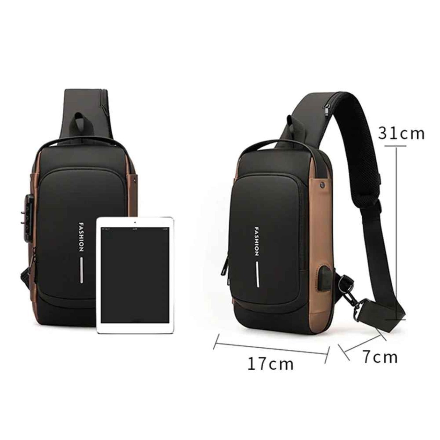 Detailed size chart and dimensions for the Basic Clothes Co. Smart Anti-Theft Crossbody Bag, including height, width, depth, and capacity