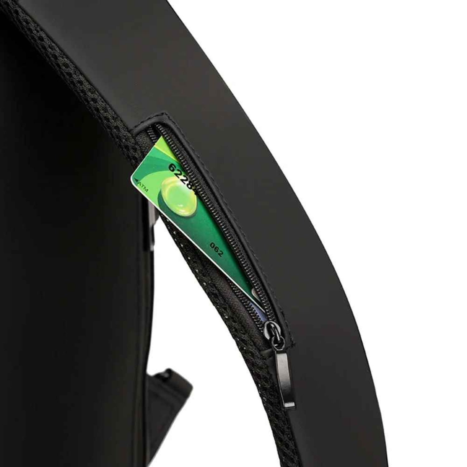 View of the hidden anti-theft pocket on the back panel of the Basic Clothes Co. Smart Crossbody Bag.
