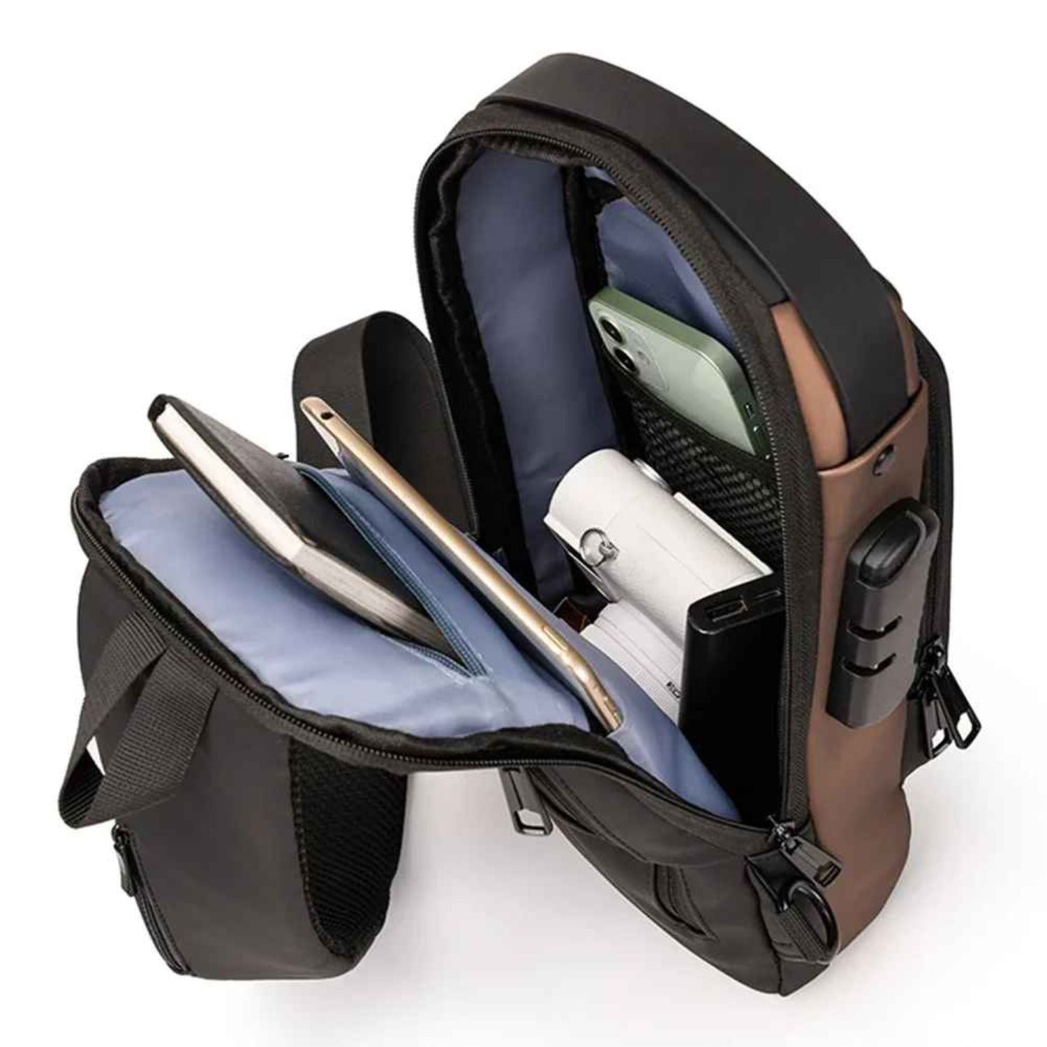 Detailed view of internal pockets and organizational dividers within the Basic Clothes Co. crossbody bag