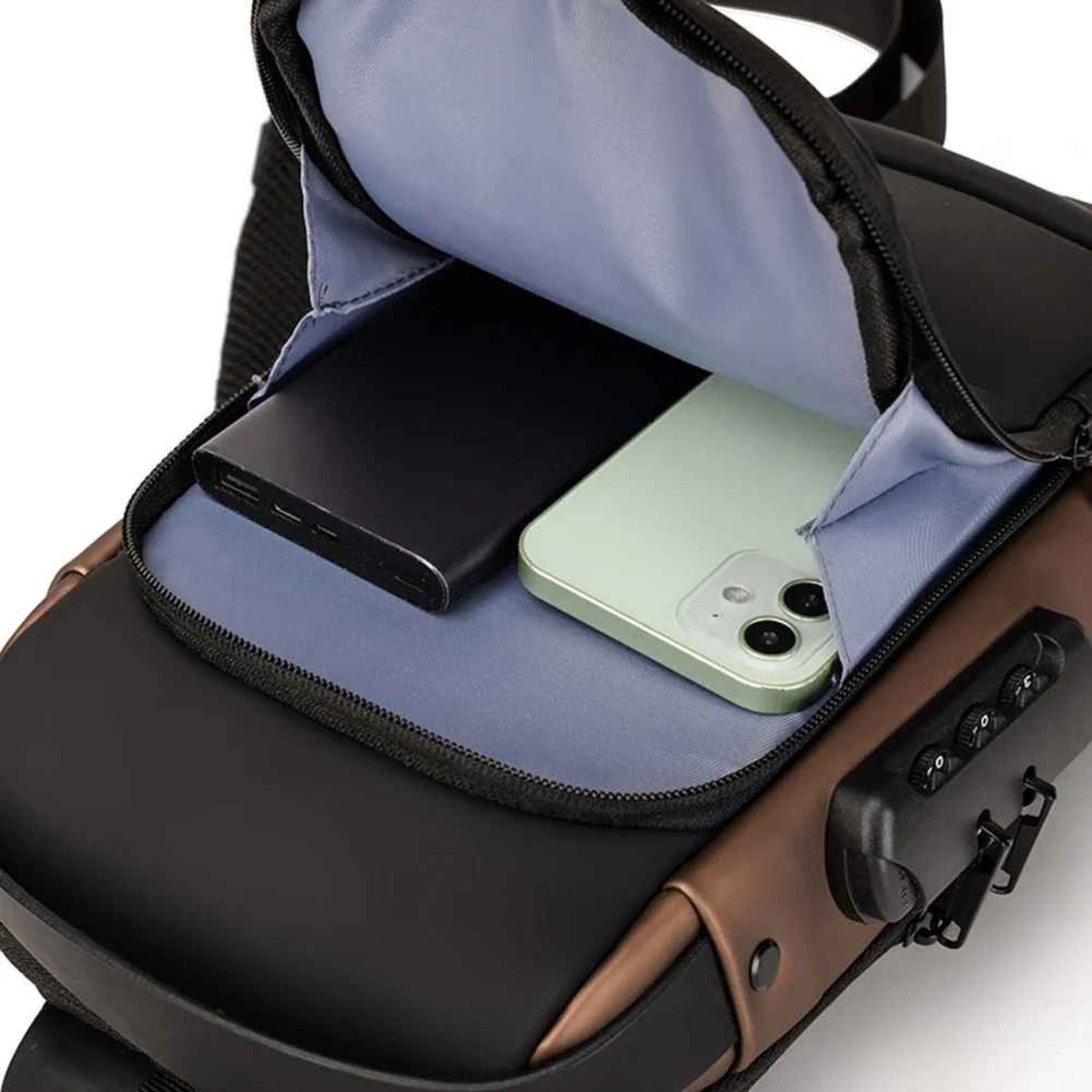 View inside the main zippered compartment of the Basic Clothes Co. Smart Anti-Theft Crossbody Bag, showing spacious interior