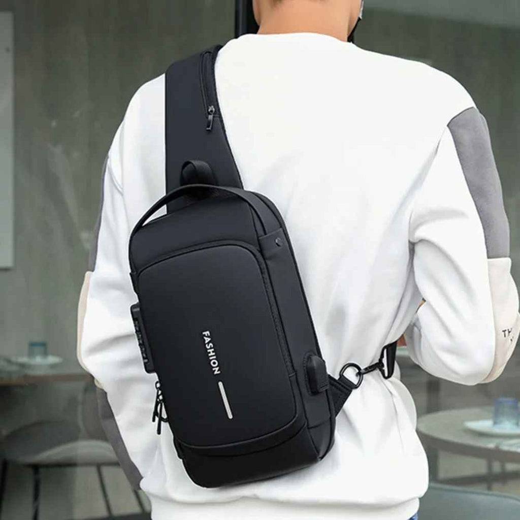Man wearing the Basic Clothes Co. Smart Anti-Theft Crossbody Bag on his back, demonstrating its comfortable and ergonomic fit
