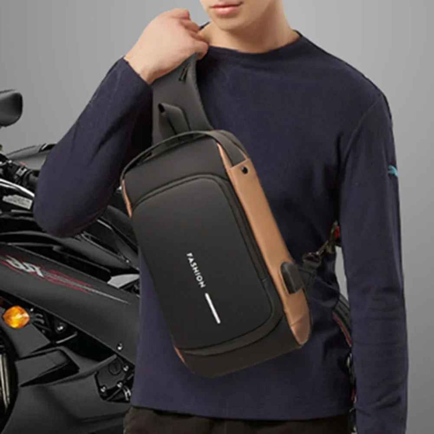 Man wearing the Basic Clothes Co. Smart Anti-Theft Crossbody Bag across his chest, highlighting easy access and secure carrying