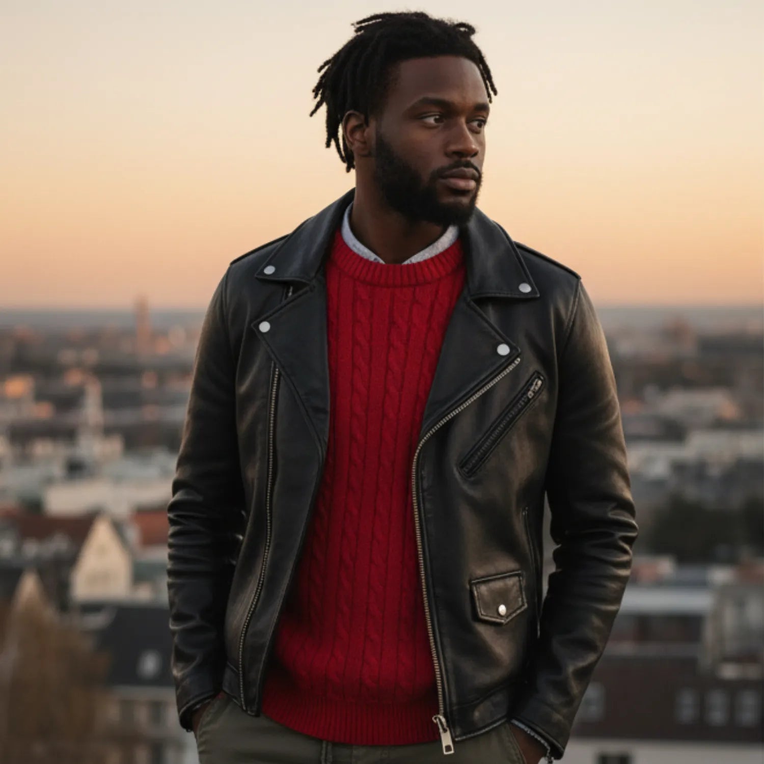 Close-up shot of the coarse knit texture of the Basic Clothes Co. Men's Pullover, as worn by a model.