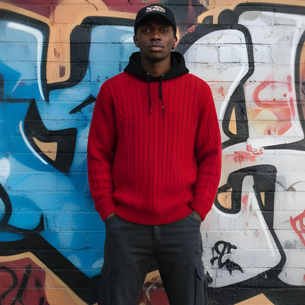 Back view of a man wearing the Basic Clothes Co. knit pullover, showing the full design and fit from behind.