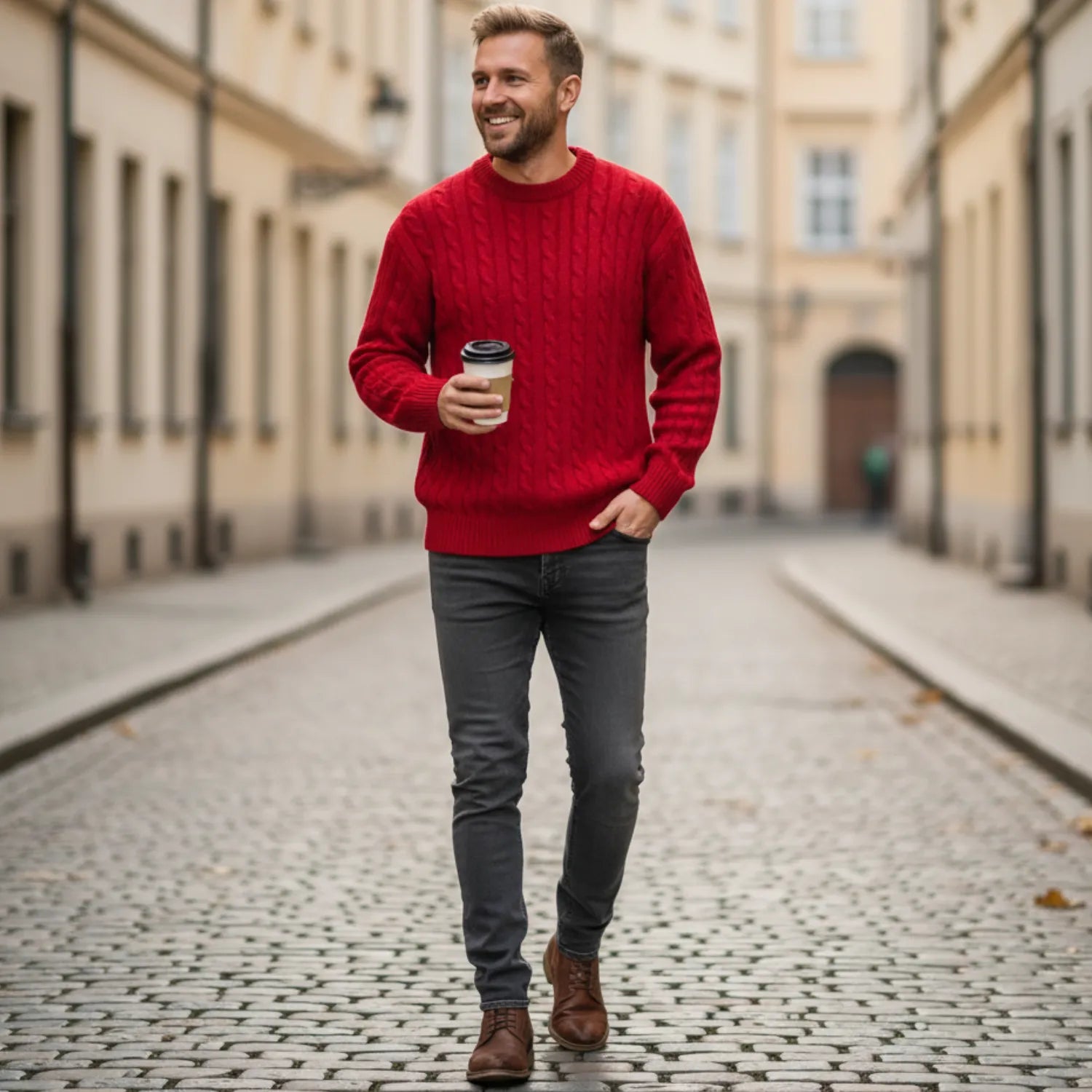 Man wearing the Basic Clothes Co. Men's Classic Knit Pullover in a casual front pose, demonstrating its comfortable, loose fit.