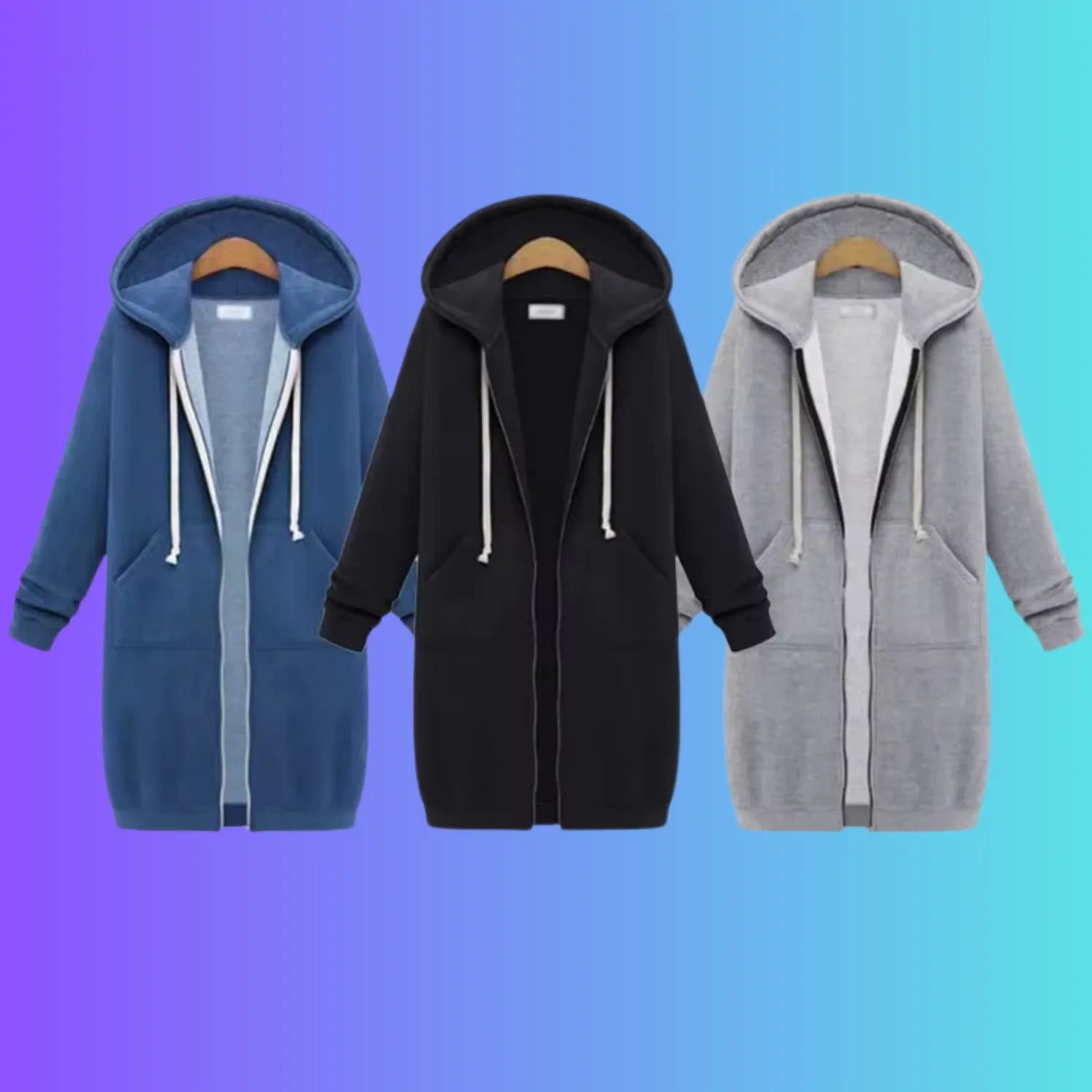 Detailed view of the large, comfortable hood on the Basic Clothes Co. mid-length fleece outerwear.