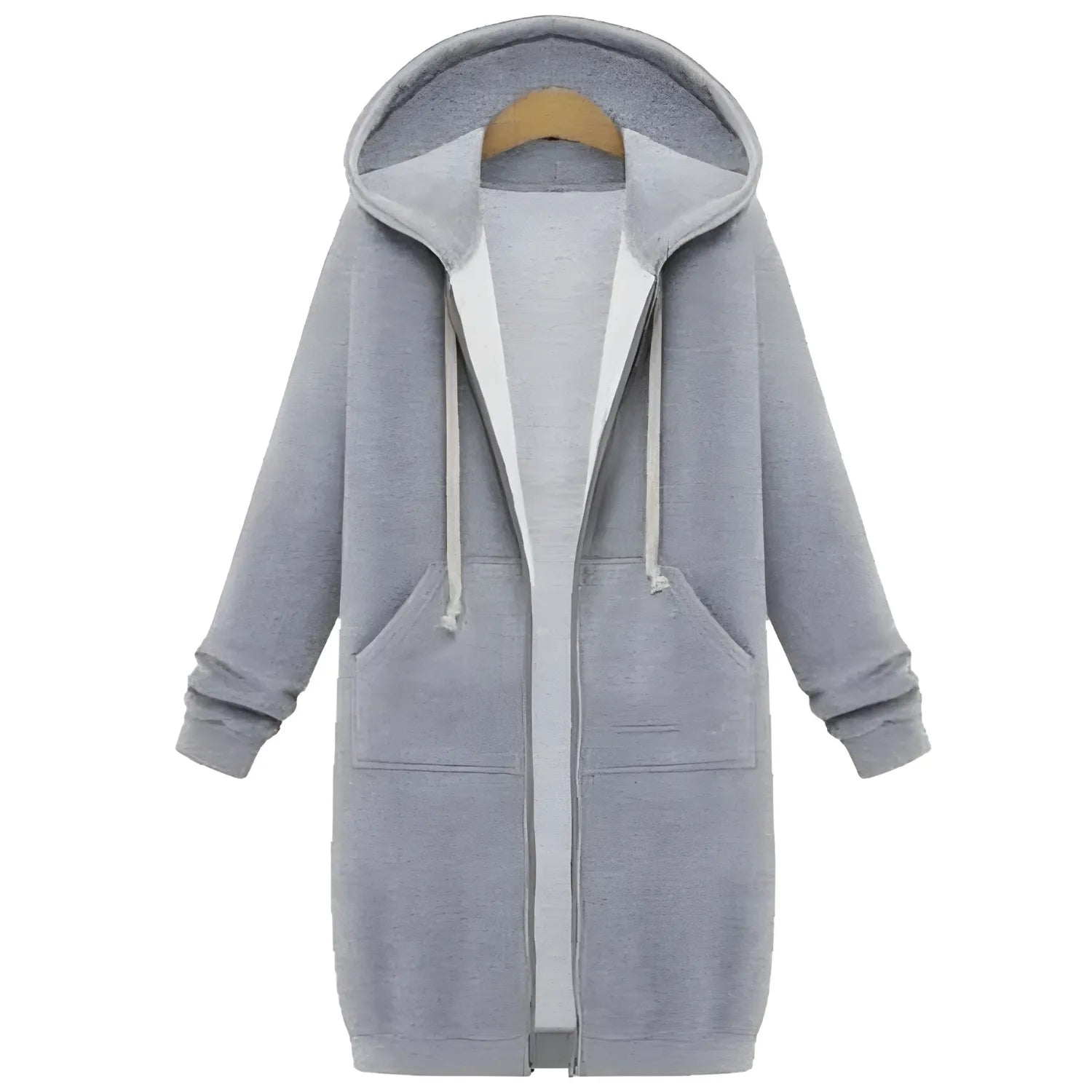Front view of the Gray Women's Mid-Length Fleece Hoodie from Basic Clothes Co.