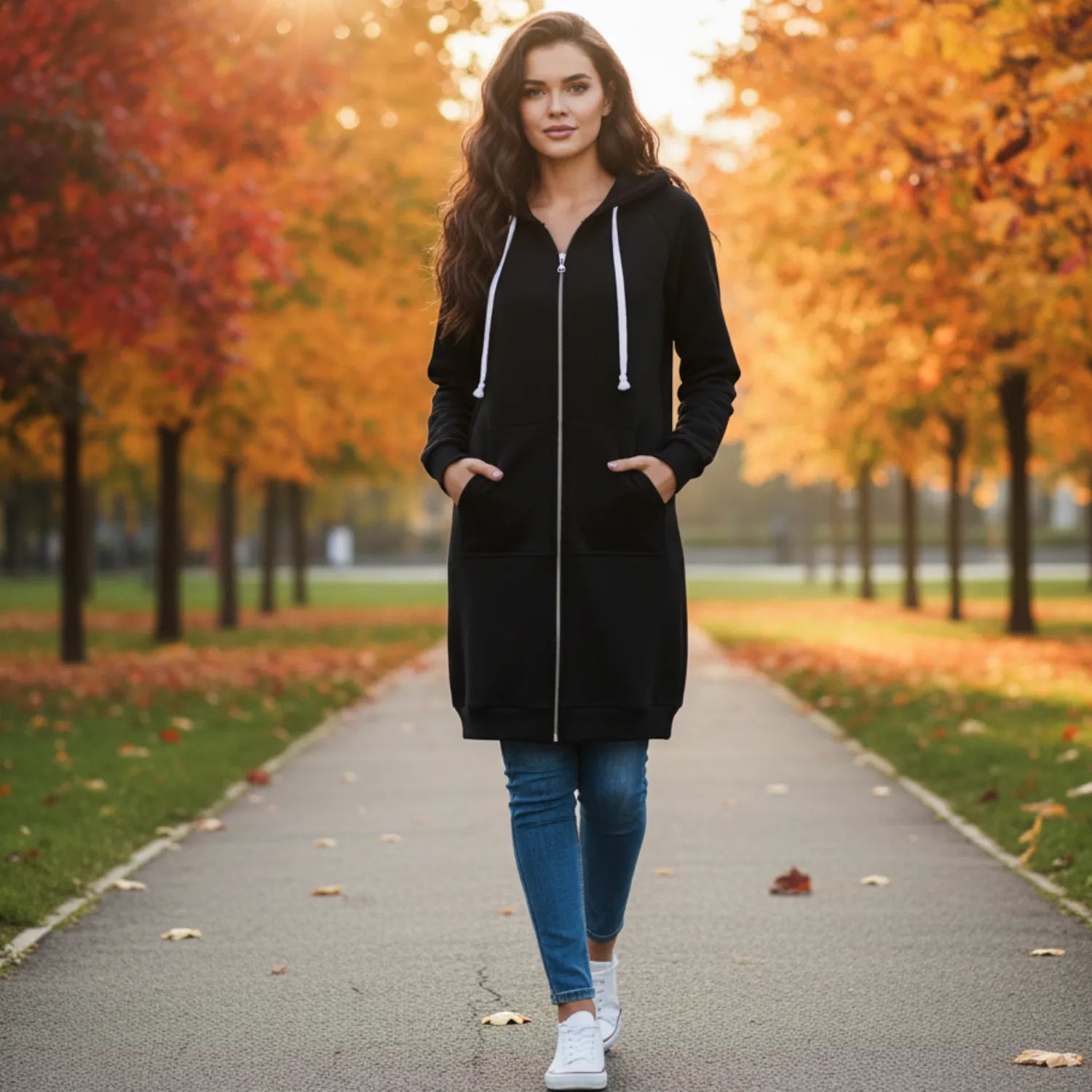 Close-up of the thick, soft fleece texture of the Basic Clothes Co. mid-length hoodie for superior warmth.