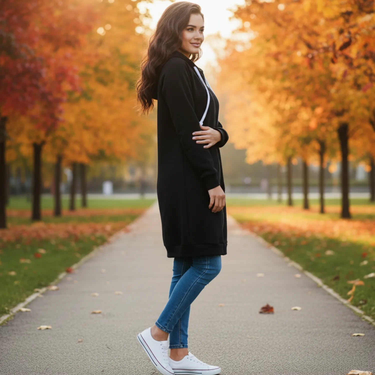 Woman wearing the Basic Clothes Co. fleece hoodie, showcasing the flattering mid-length cut and versatile style.